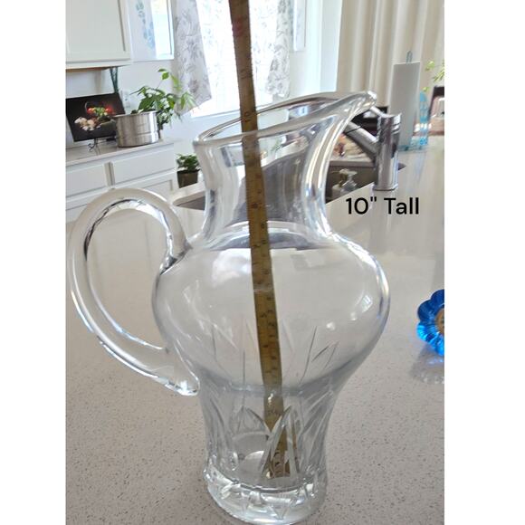 Block Crystal Clear Etched Pitcher Thick Glass, Heavy Bottom Juice Liquor Water - Picture 2 of 7